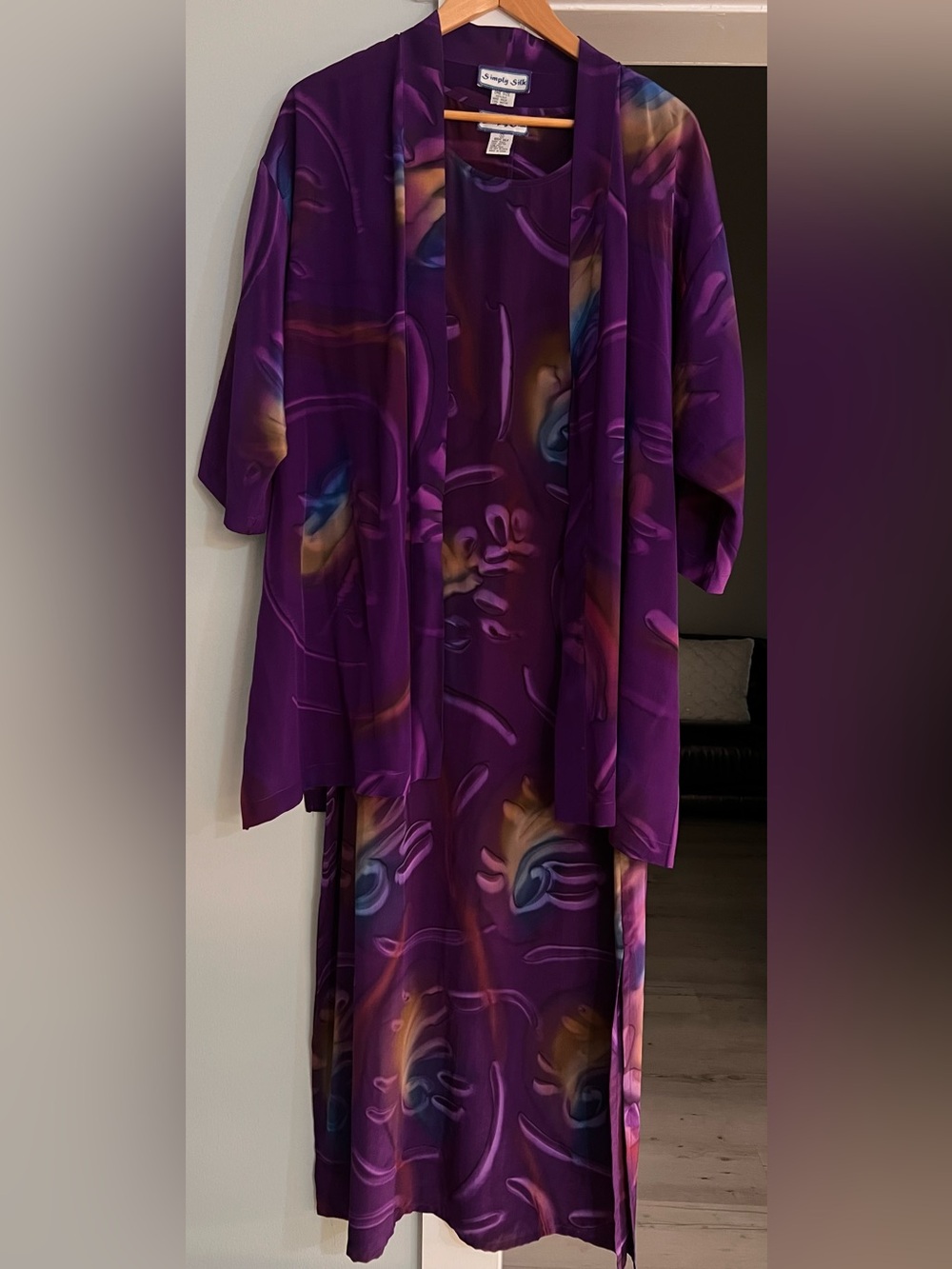 Simply Silk 2-Piece Silk Deep Purple Dress & Matching Duster Set size M
